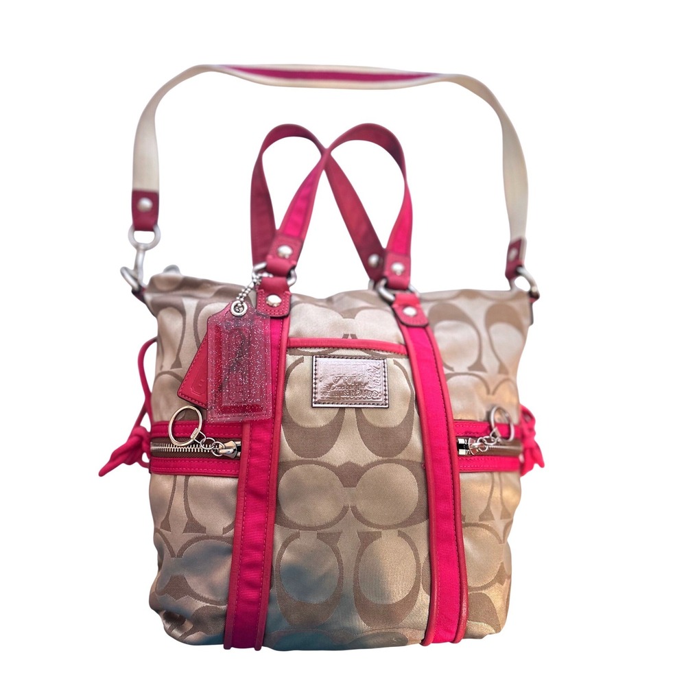 Coach Poppy Signature Sateen Lurex Spotlight Khaki Magenta Tote Bag 13843